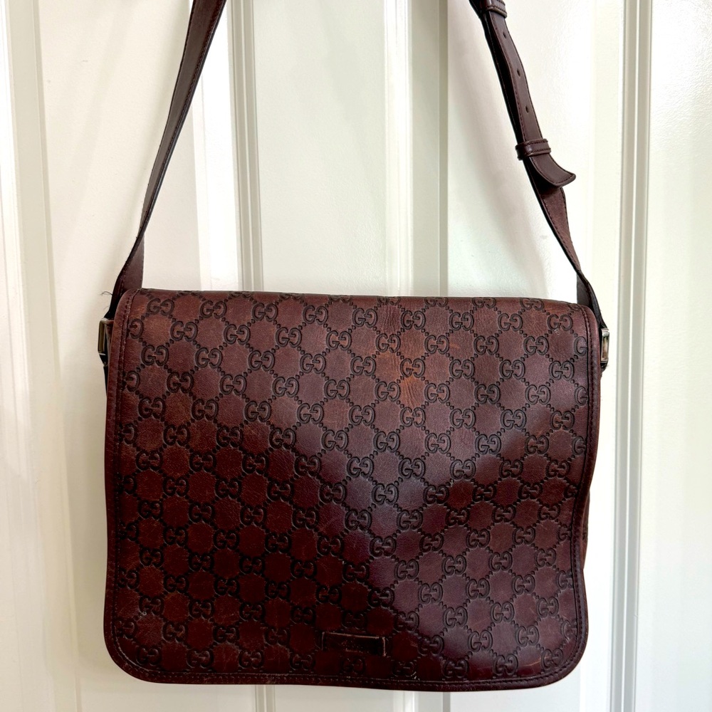 Gucci Guccissima Vintage Brown Leather Flap Messenger Bag